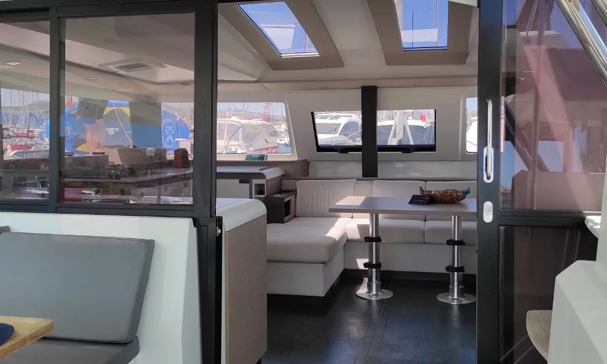 Salon of Kon-tiki, a Fountaine Pajot Elba 45 catamaran at Lavrion, Greece