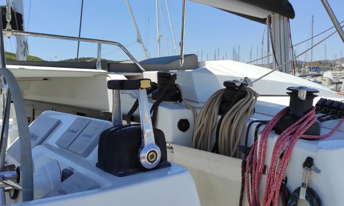 Kon-tiki, a Fountaine Pajot Elba 45 catamaran at Lavrion, Greece