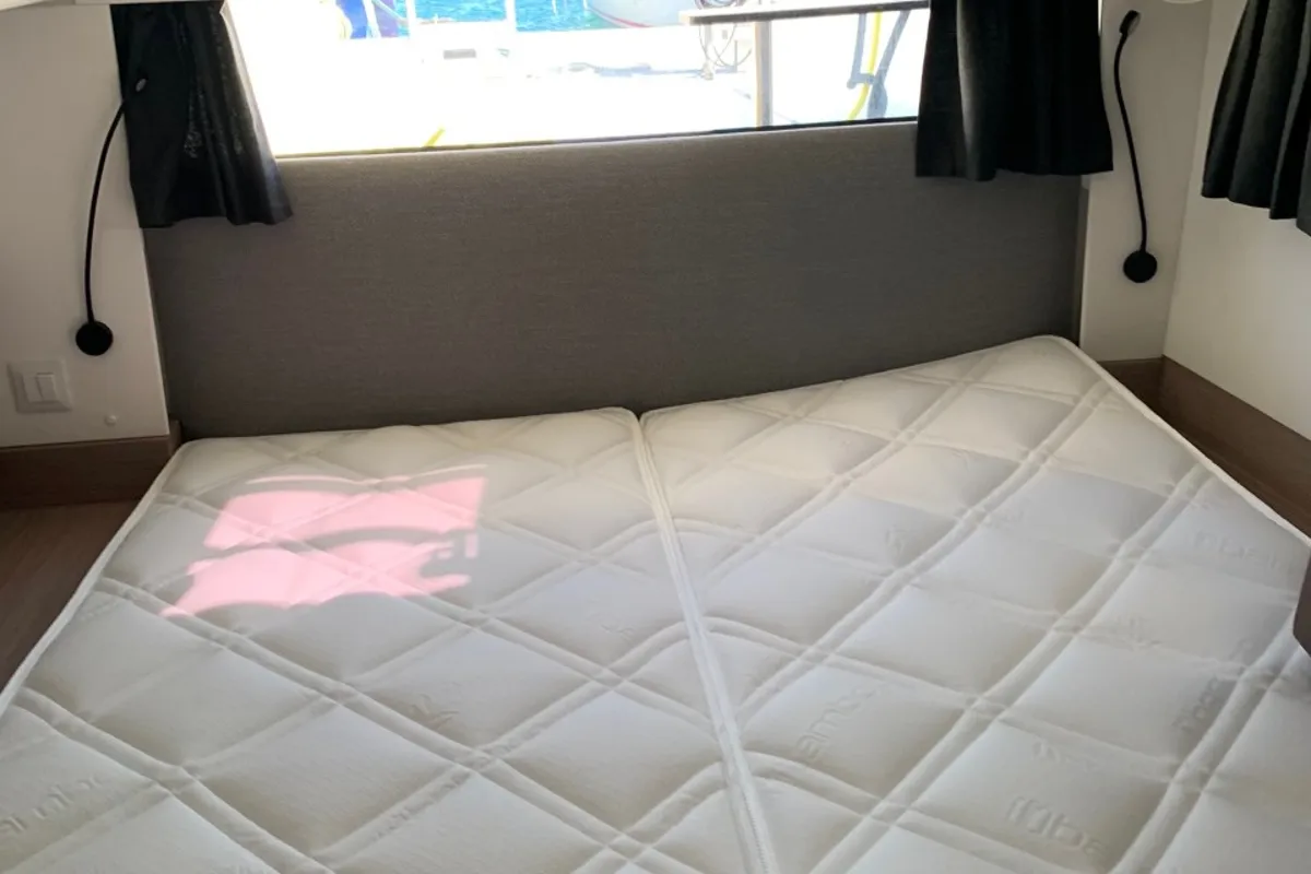 Cabin on Kon-tiki, a Fountaine Pajot Elba 45 catamaran at Lavrion, Greece