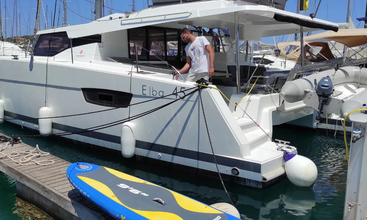 Exterior view of Kon-tiki, a Fountaine Pajot Elba 45 catamaran at Lavrion, Greece