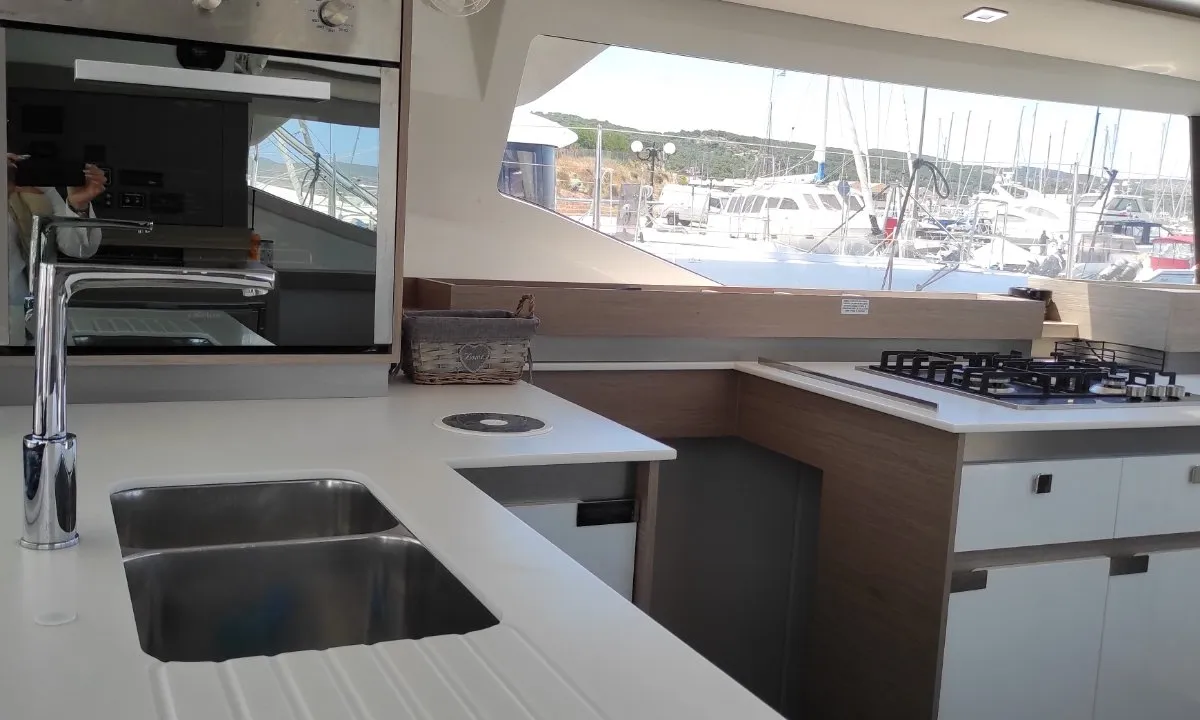 Galley of Kon-tiki, a Fountaine Pajot Elba 45 catamaran at Lavrion, Greece
