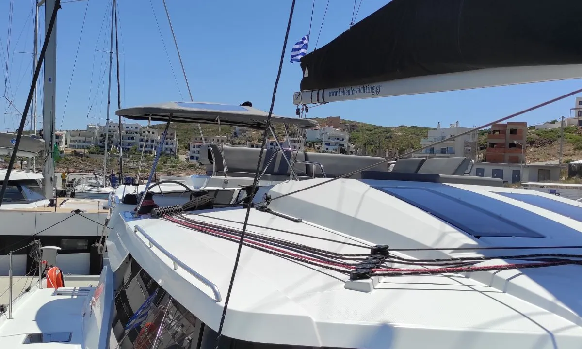 Deck of Kon-tiki, a Fountaine Pajot Elba 45 catamaran at Lavrion, Greece