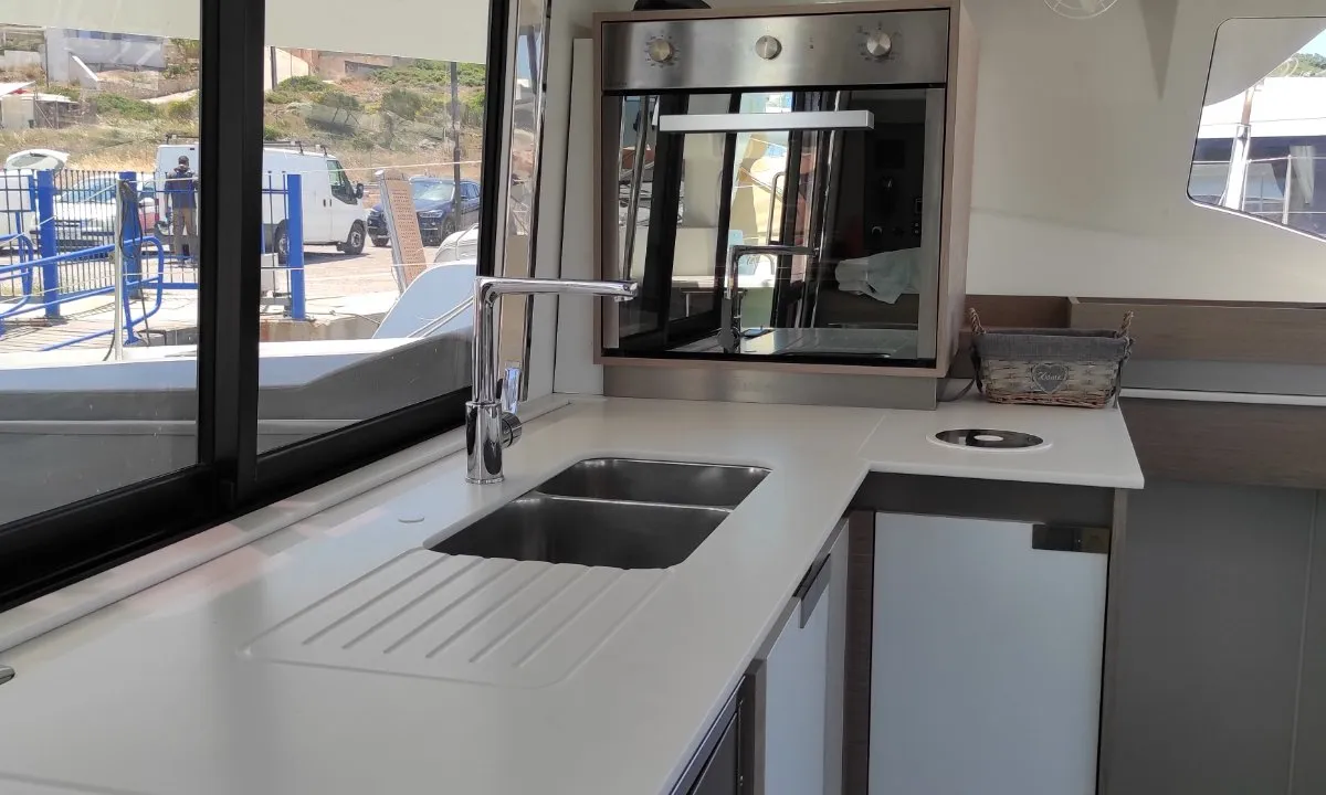 Galley of Kon-tiki, a Fountaine Pajot Elba 45 catamaran at Lavrion, Greece