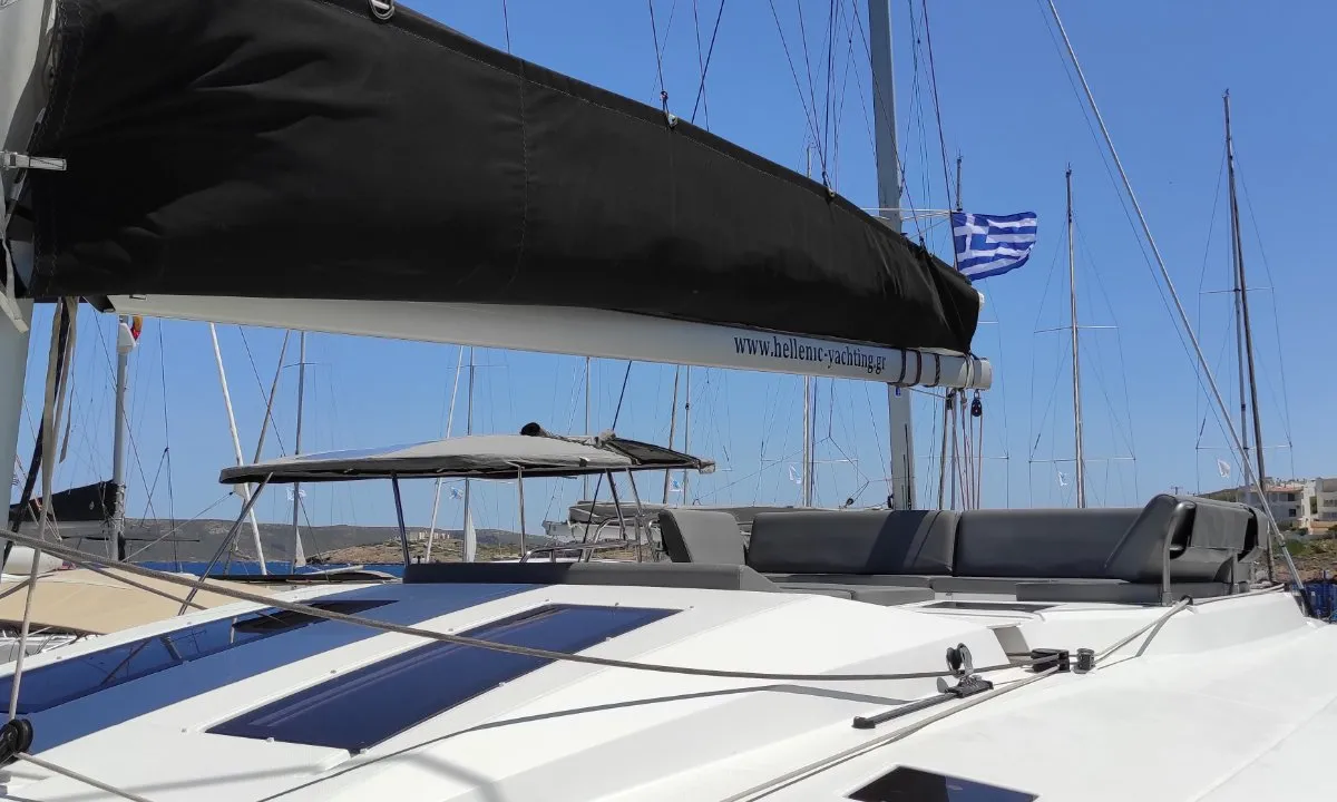 Deck of Kon-tiki, a Fountaine Pajot Elba 45 catamaran at Lavrion, Greece