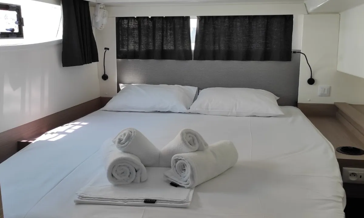 Cabin on Kon-tiki, a Fountaine Pajot Elba 45 catamaran at Lavrion, Greece