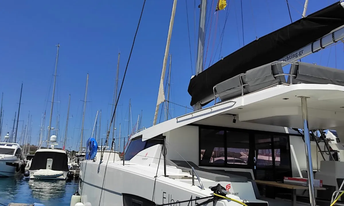 Exterior view of Kon-tiki, a Fountaine Pajot Elba 45 catamaran at Lavrion, Greece