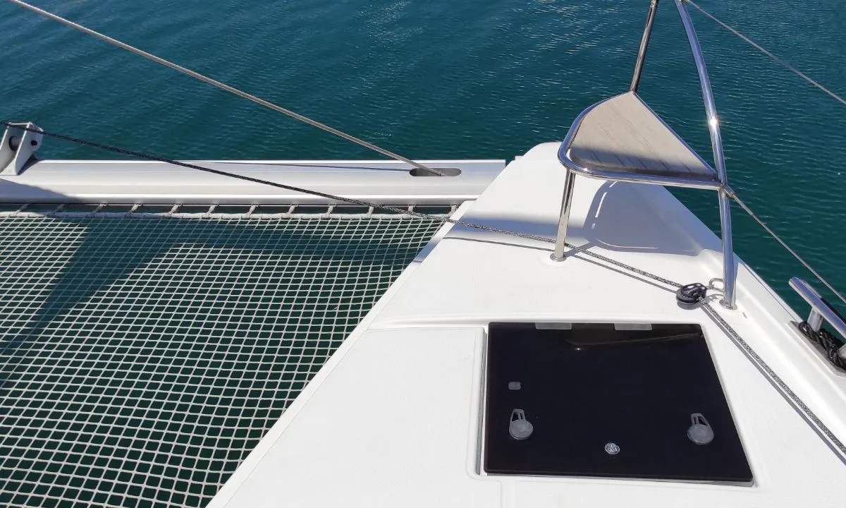 Deck of Kon-tiki, a Fountaine Pajot Elba 45 catamaran at Lavrion, Greece