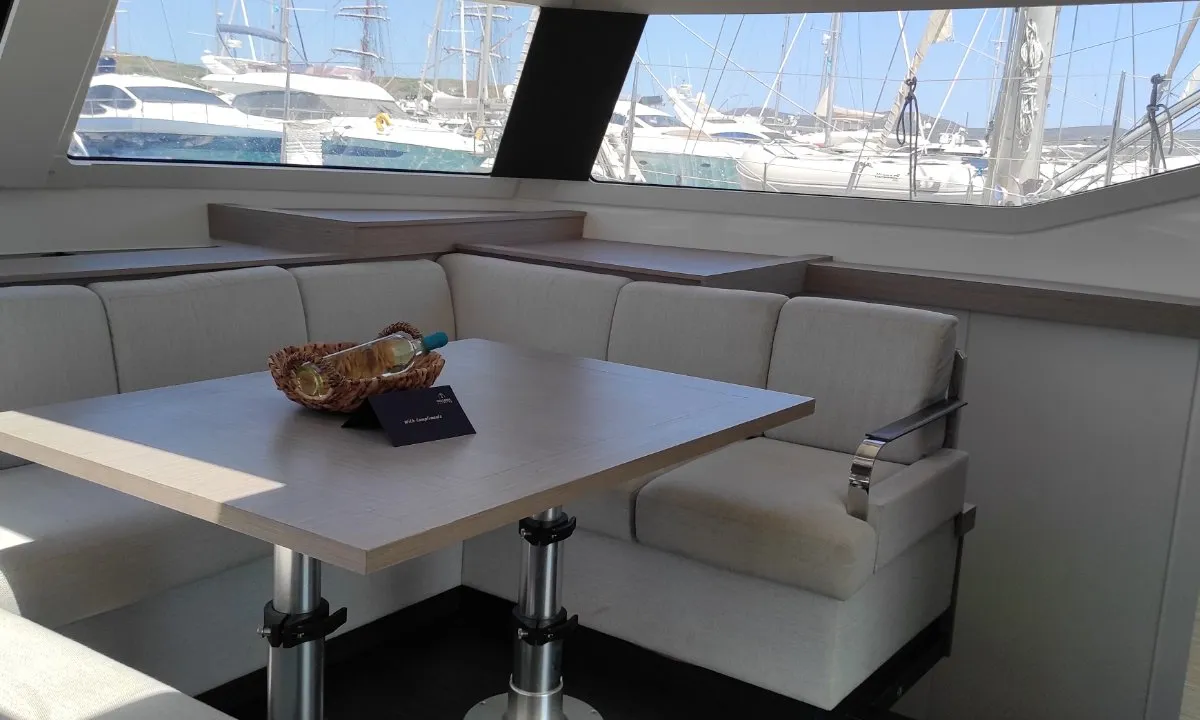 Salon of Kon-tiki, a Fountaine Pajot Elba 45 catamaran at Lavrion, Greece