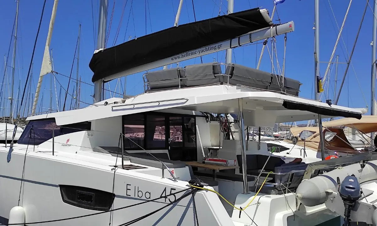 Exterior view of Kon-tiki, a Fountaine Pajot Elba 45 catamaran at Lavrion, Greece