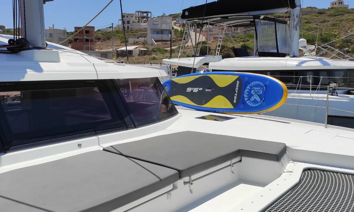 Deck of Kon-tiki, a Fountaine Pajot Elba 45 catamaran at Lavrion, Greece