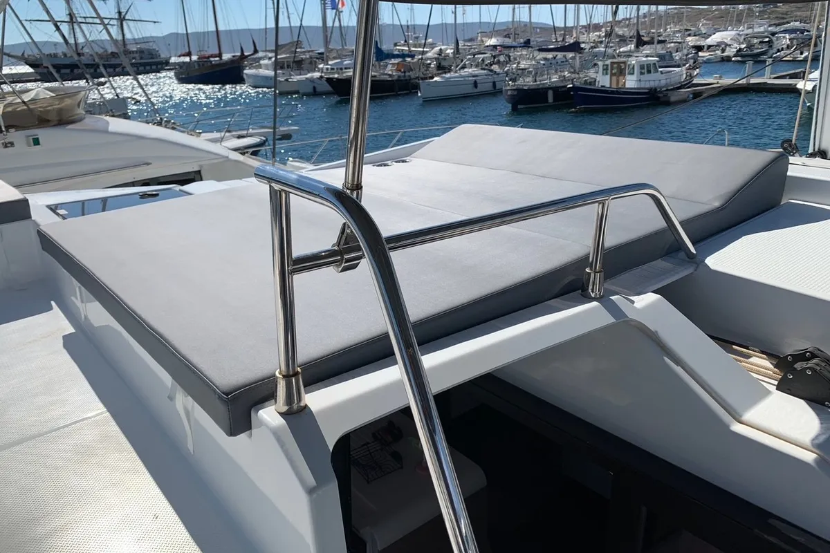 Deck of Kon-tiki, a Fountaine Pajot Elba 45 catamaran at Lavrion, Greece