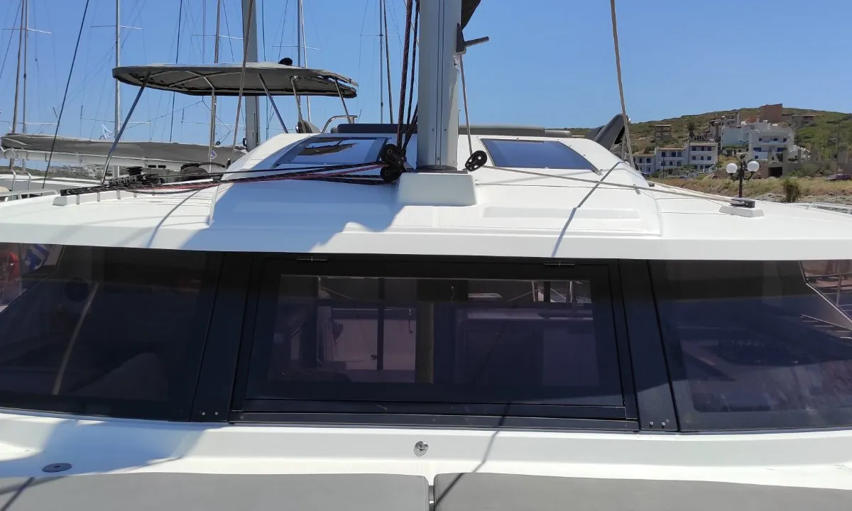 Deck of Kon-tiki, a Fountaine Pajot Elba 45 catamaran at Lavrion, Greece