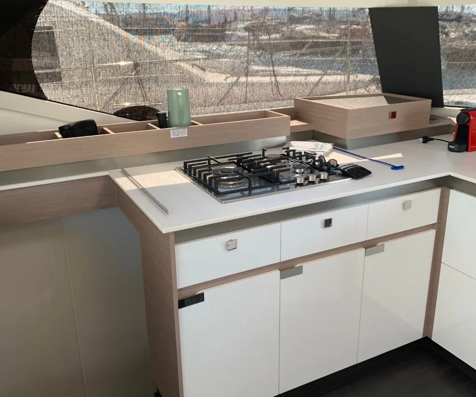 Galley of Kon-tiki, a Fountaine Pajot Elba 45 catamaran at Lavrion, Greece