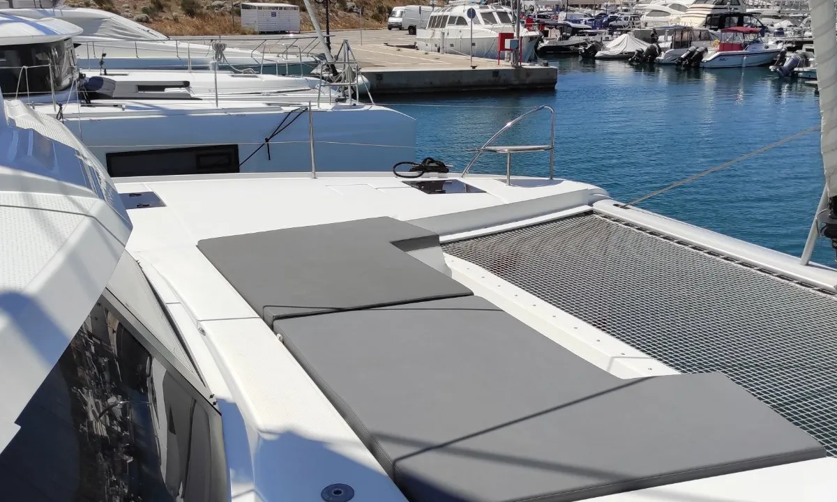 Deck of Kon-tiki, a Fountaine Pajot Elba 45 catamaran at Lavrion, Greece