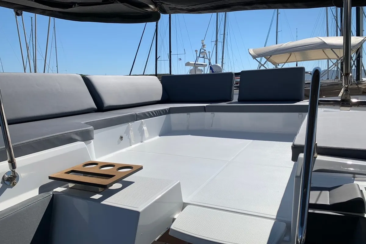 Deck of Kon-tiki, a Fountaine Pajot Elba 45 catamaran at Lavrion, Greece