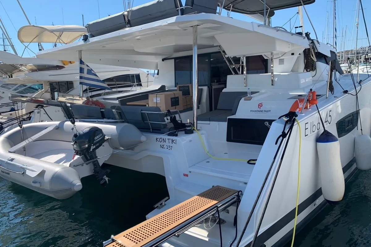 Exterior view of Kon-tiki, a Fountaine Pajot Elba 45 catamaran at Lavrion, Greece