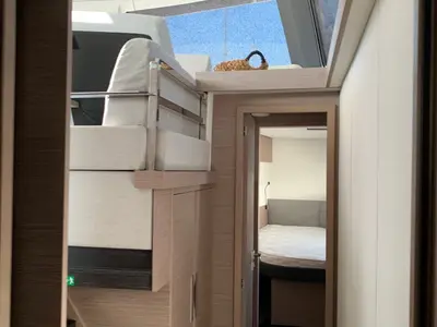 Salon of Kon-tiki, a Fountaine Pajot Elba 45 catamaran at Lavrion, Greece