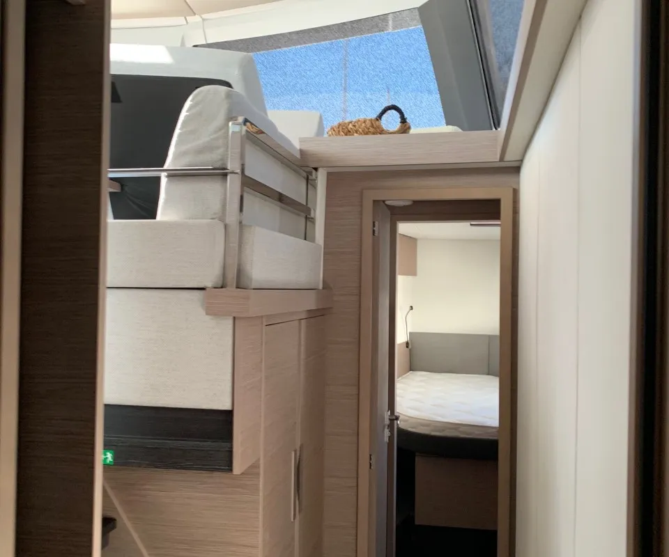 Salon of Kon-tiki, a Fountaine Pajot Elba 45 catamaran at Lavrion, Greece