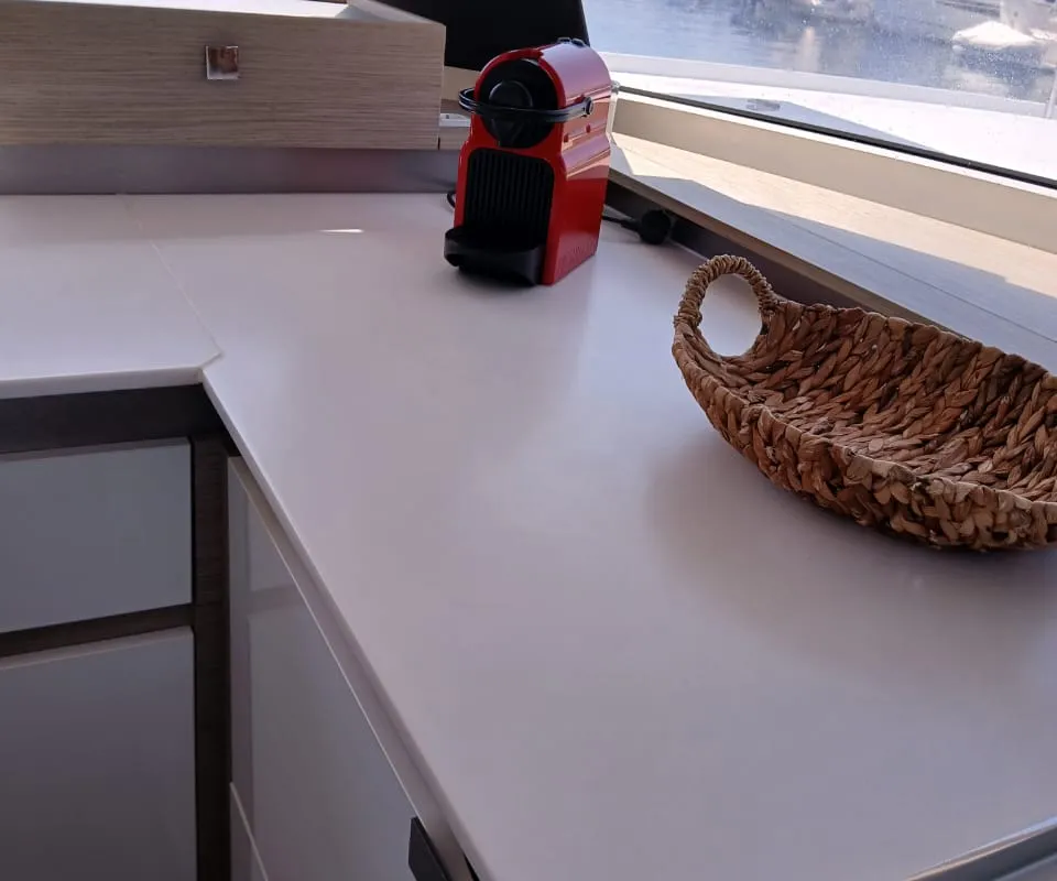 Galley of Kon-tiki, a Fountaine Pajot Elba 45 catamaran at Lavrion, Greece