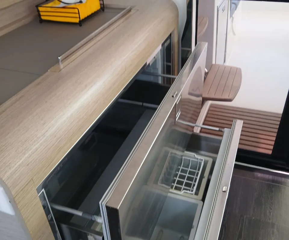 Galley of Kon-tiki, a Fountaine Pajot Elba 45 catamaran at Lavrion, Greece