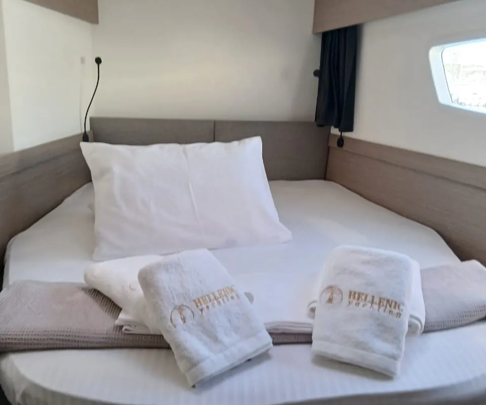 Cabin on Kon-tiki, a Fountaine Pajot Elba 45 catamaran at Lavrion, Greece
