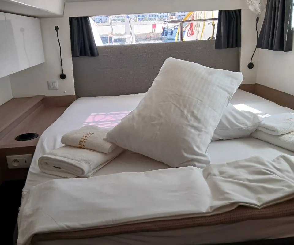 Cabin on Kon-tiki, a Fountaine Pajot Elba 45 catamaran at Lavrion, Greece