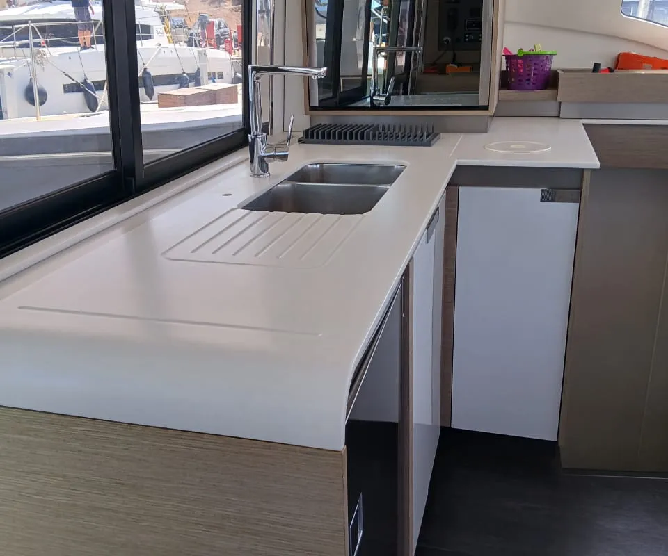 Galley of Kon-tiki, a Fountaine Pajot Elba 45 catamaran at Lavrion, Greece