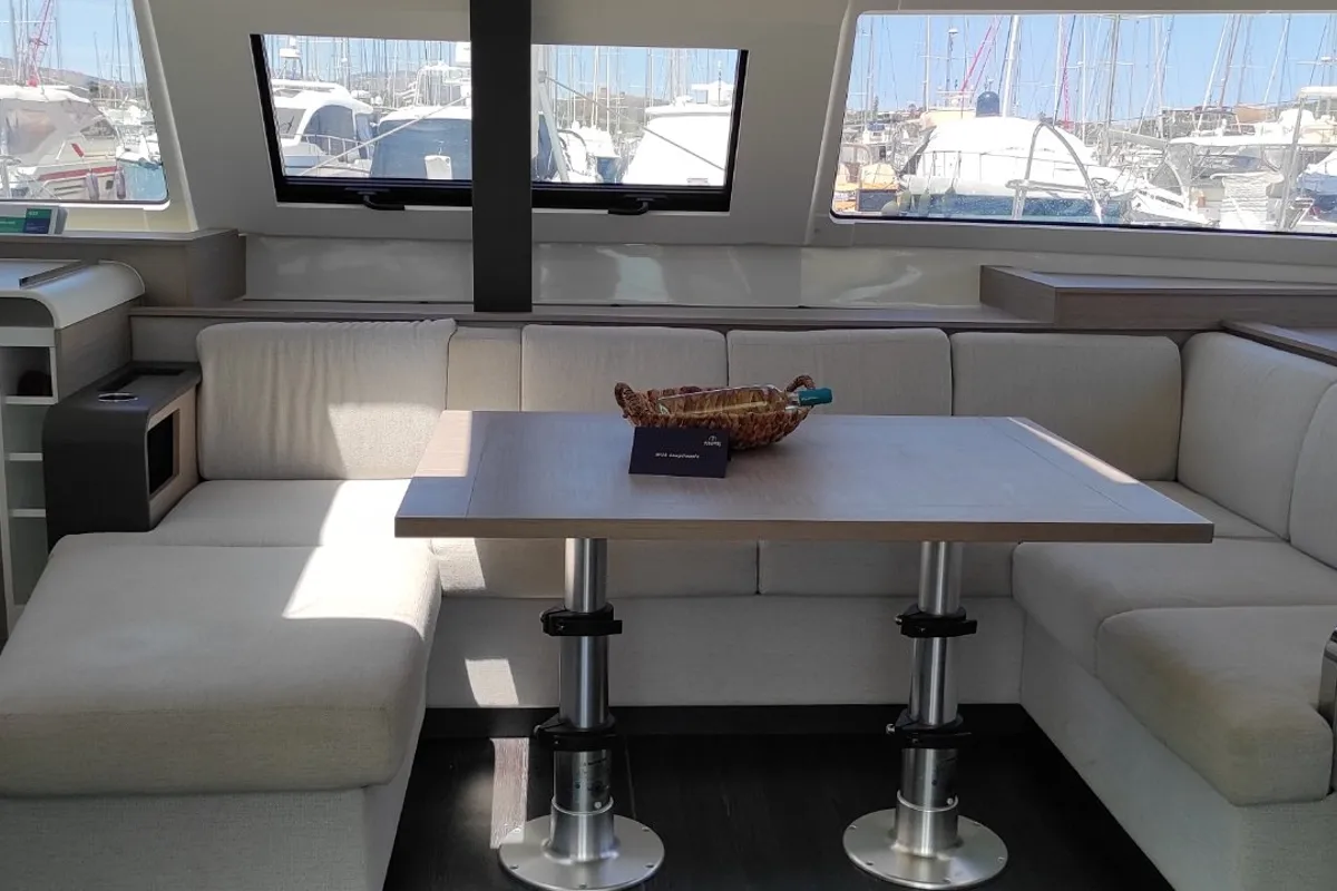 Salon of Kon-tiki, a Fountaine Pajot Elba 45 catamaran at Lavrion, Greece