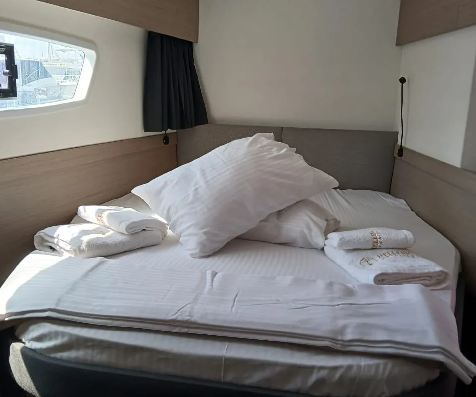 Cabin on Kon-tiki, a Fountaine Pajot Elba 45 catamaran at Lavrion, Greece