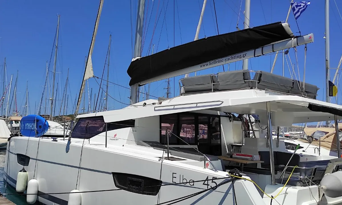 Exterior view of Kon-tiki, a Fountaine Pajot Elba 45 catamaran at Lavrion, Greece