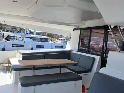 Deck of Kon-tiki, a Fountaine Pajot Elba 45 catamaran at Lavrion, Greece