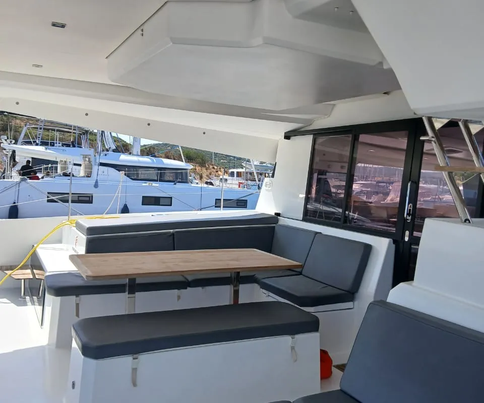 Deck of Kon-tiki, a Fountaine Pajot Elba 45 catamaran at Lavrion, Greece