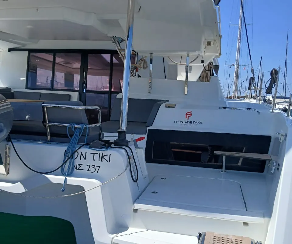 Exterior view of Kon-tiki, a Fountaine Pajot Elba 45 catamaran at Lavrion, Greece