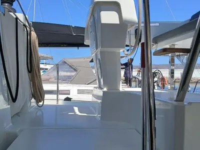 Cockpit of Kon-tiki, a Fountaine Pajot Elba 45 catamaran at Lavrion, Greece