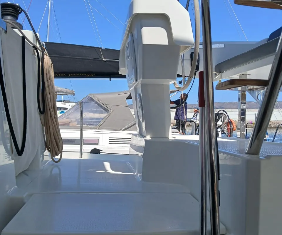 Cockpit of Kon-tiki, a Fountaine Pajot Elba 45 catamaran at Lavrion, Greece