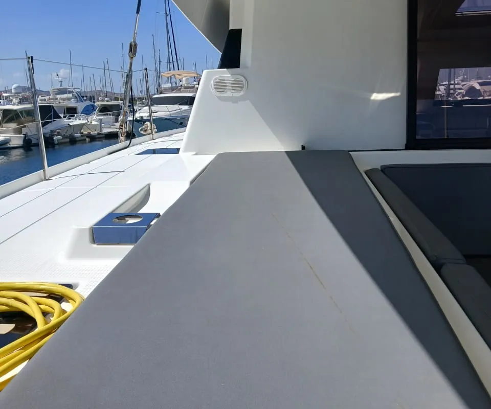 Deck of Kon-tiki, a Fountaine Pajot Elba 45 catamaran at Lavrion, Greece