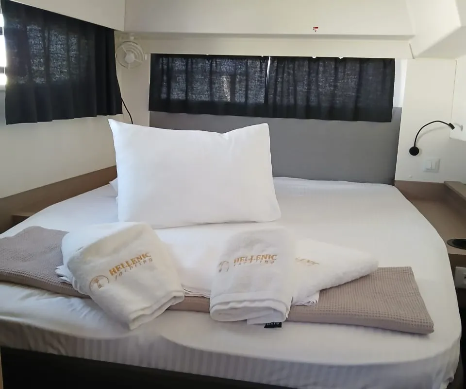 Cabin on Kon-tiki, a Fountaine Pajot Elba 45 catamaran at Lavrion, Greece