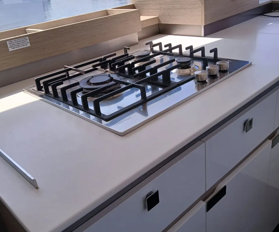 Galley of Kon-tiki, a Fountaine Pajot Elba 45 catamaran at Lavrion, Greece
