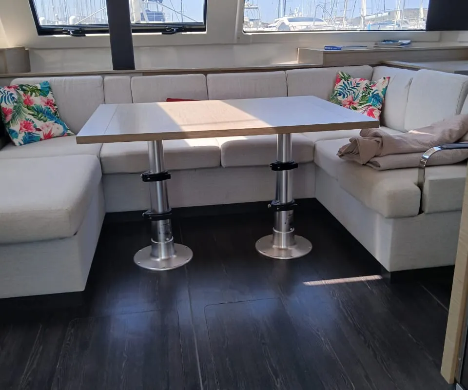 Salon of Kon-tiki, a Fountaine Pajot Elba 45 catamaran at Lavrion, Greece