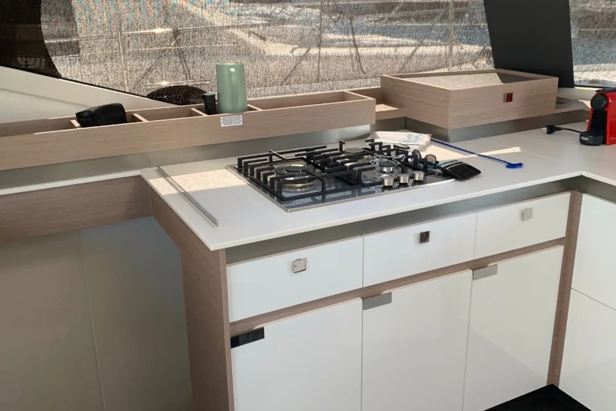 Galley of Kon-tiki, a Fountaine Pajot Elba 45 catamaran at Lavrion, Greece