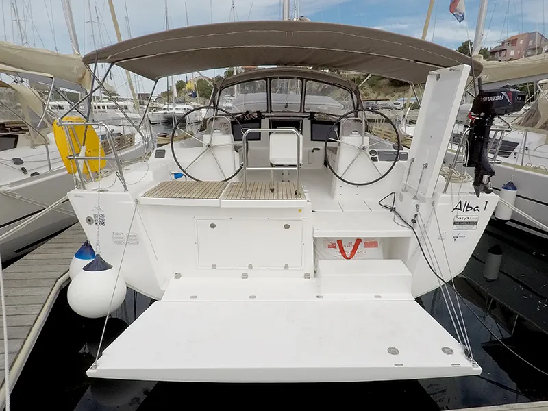 Cockpit of Alba 1, a Dufour 460 GL sailboat at Grad Šibenik, Croatia