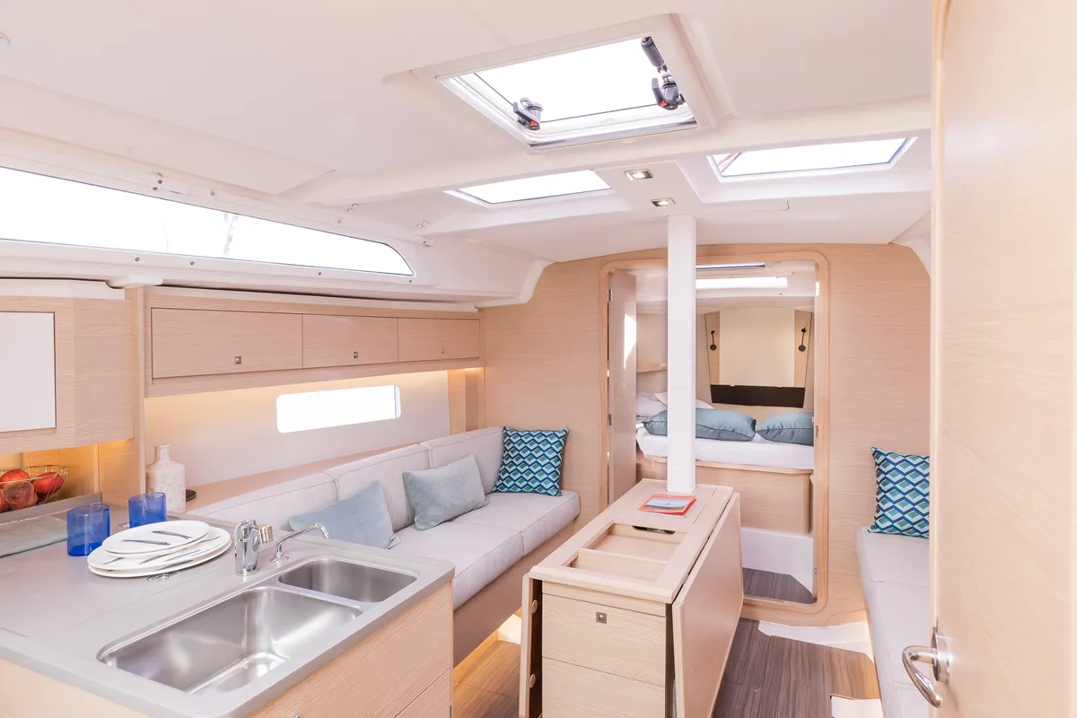 Salon of Sunsail 37.3 Premium Plus, a Dufour 37 sailboat at Municipal Unit of Lefkada, Greece