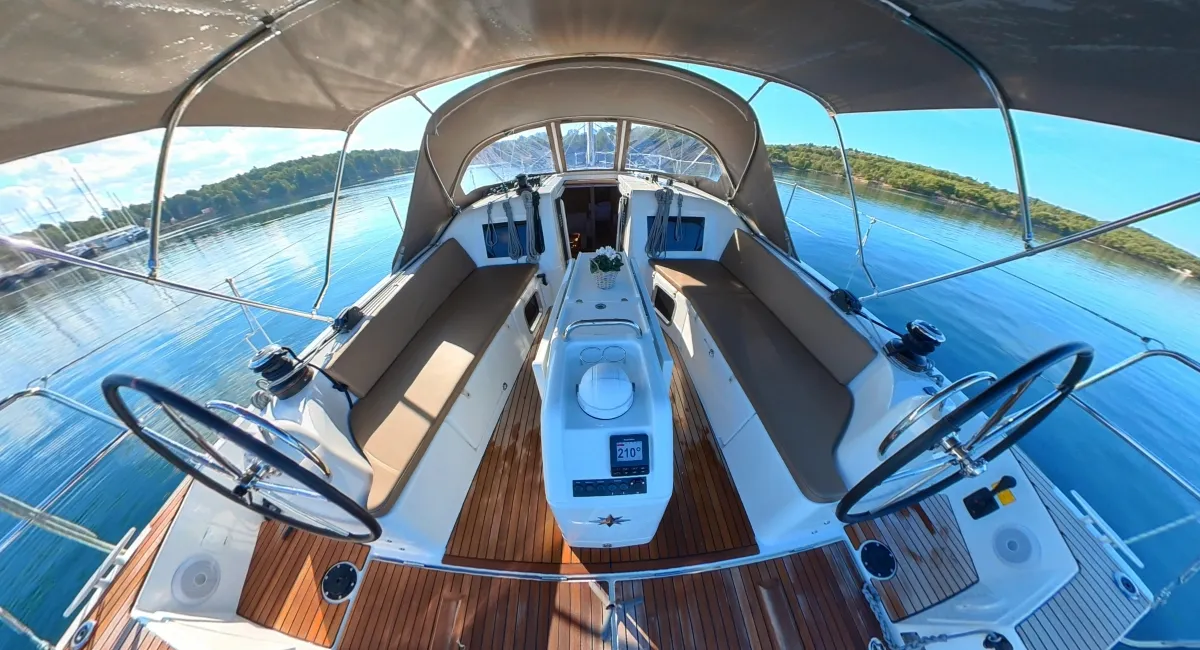Cockpit of Milla, a Jeanneau Sun Odyssey 410 sailboat at Pirovac, Croatia