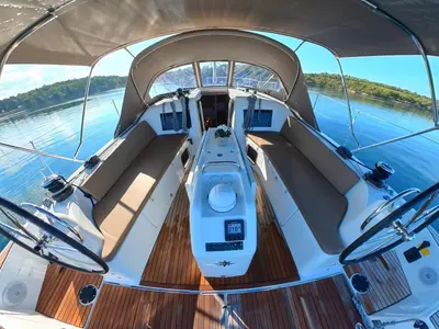 Cockpit of Milla, a Jeanneau Sun Odyssey 410 sailboat at Pirovac, Croatia