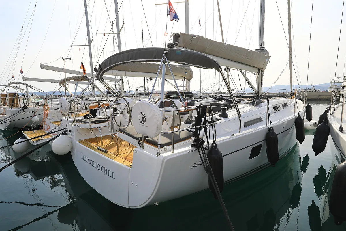 Exterior view of Licence To Chill, a Hanse 508 sailboat at Grad Kaštela, Croatia