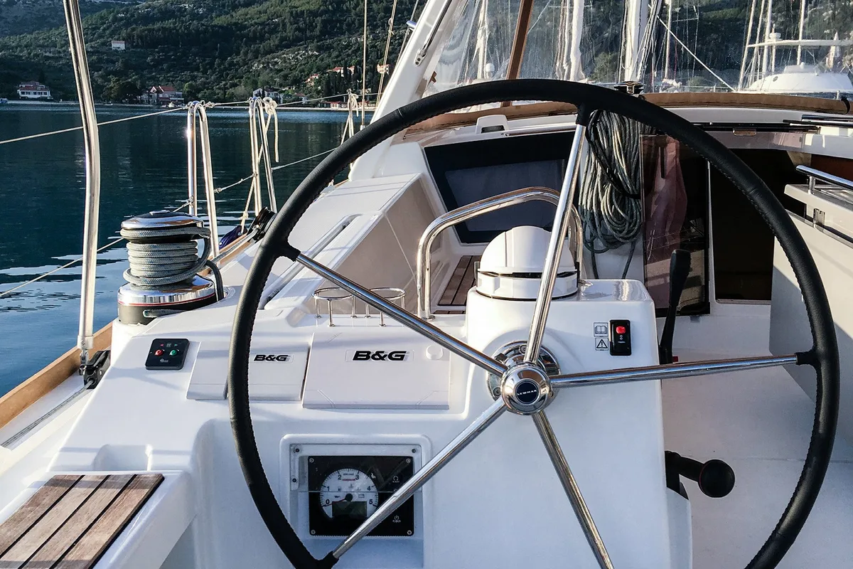 Cockpit of Cancan, a Beneteau Oceanis 45 sailboat at Tivat, Montenegro
