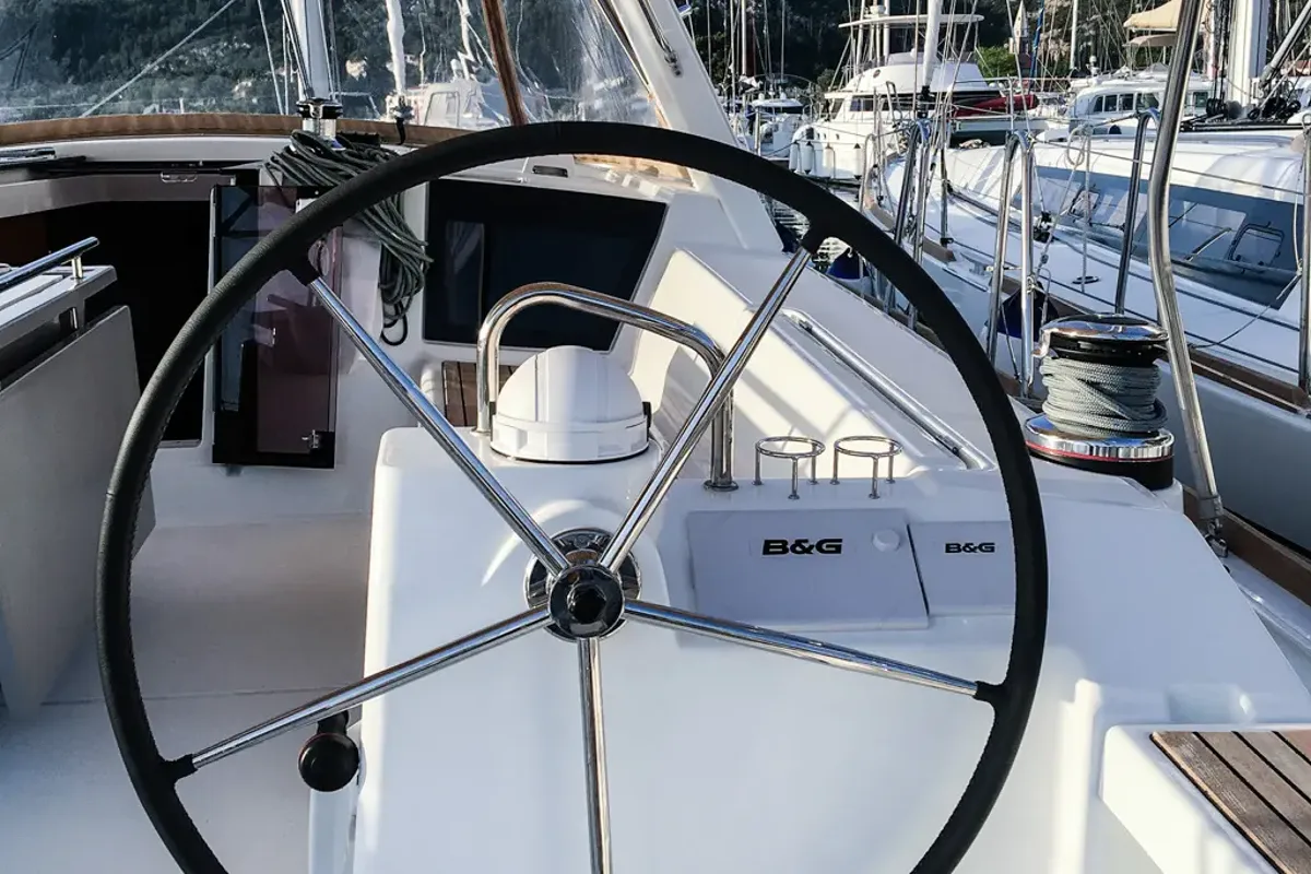 Cockpit of Cancan, a Beneteau Oceanis 45 sailboat at Tivat, Montenegro