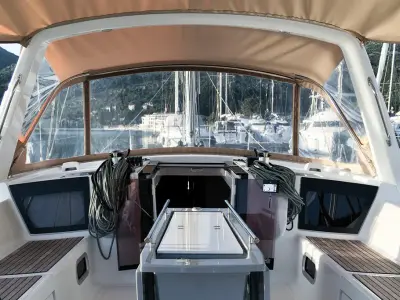 Cockpit of Cancan, a Beneteau Oceanis 45 sailboat at Tivat, Montenegro