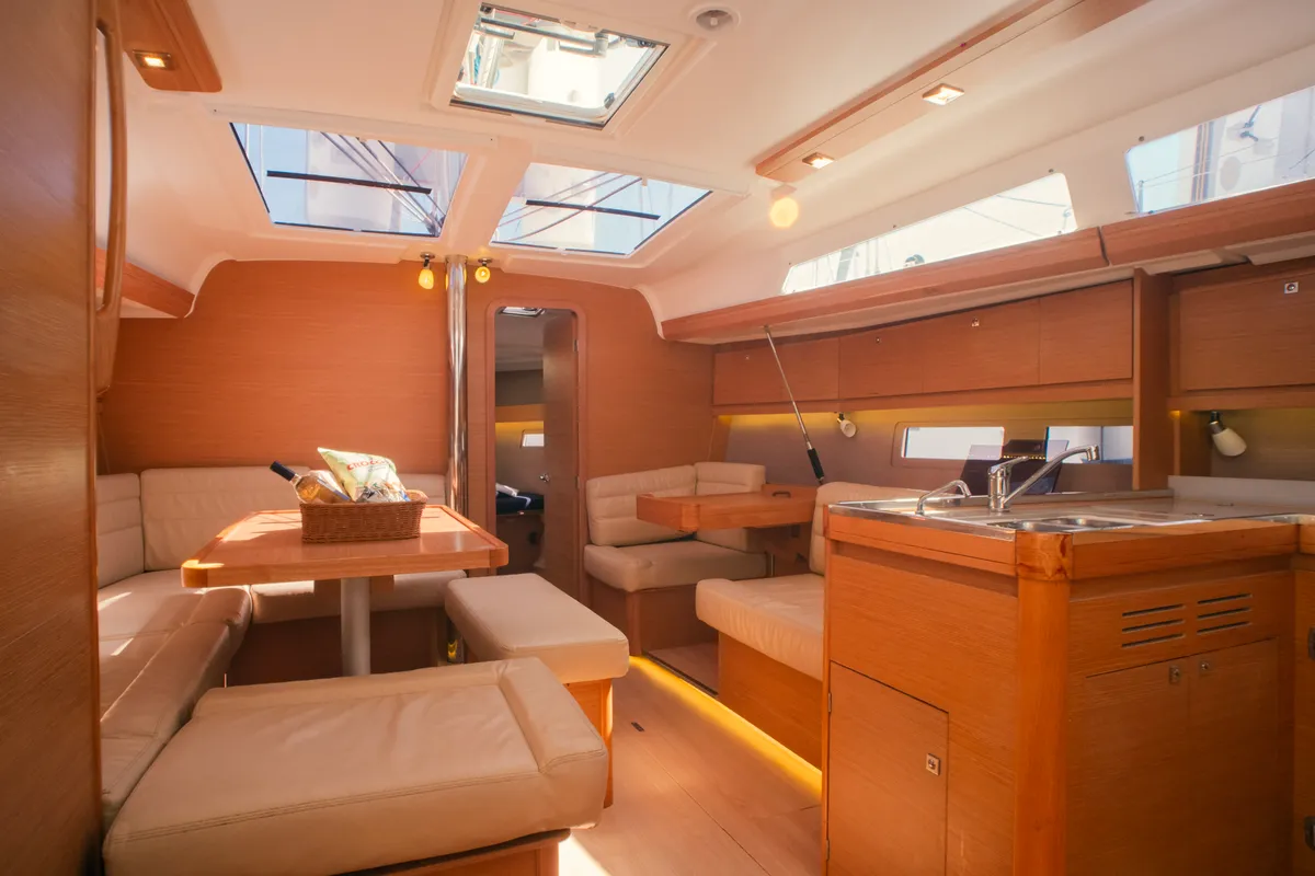 Salon of Francesca II, a Dufour 412 Grand large sailboat at Olbia, Italy