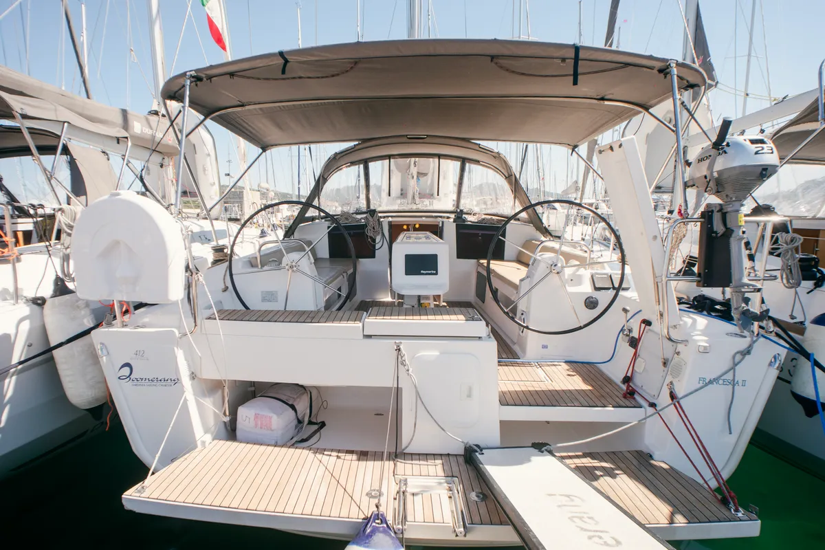 Exterior view of Francesca II, a Dufour 412 Grand large sailboat at Olbia, Italy